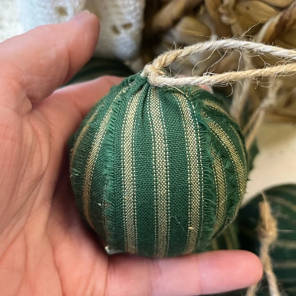 10 Primitive green stripe Fabric RAG BALLS Christmas Ornaments farmhouse decor